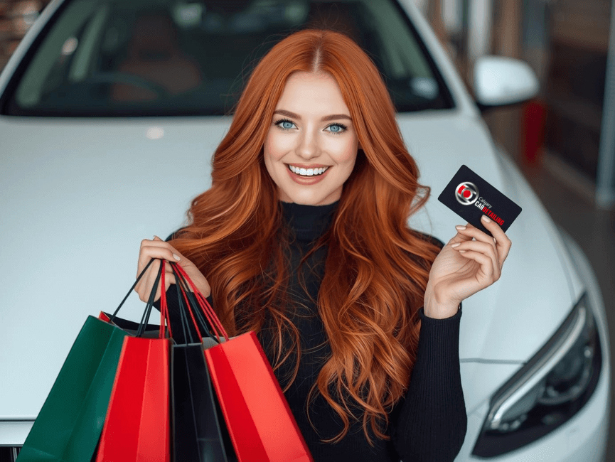 Woman holding shopping bags promoting Calgary Car Detailing gift cards for auto detailing services in Calgary.