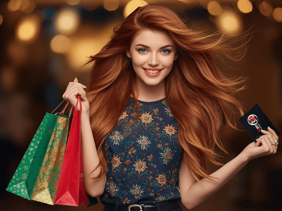 Woman holding shopping bags promoting Calgary Car Detailing gift cards for auto detailing services in Calgary.